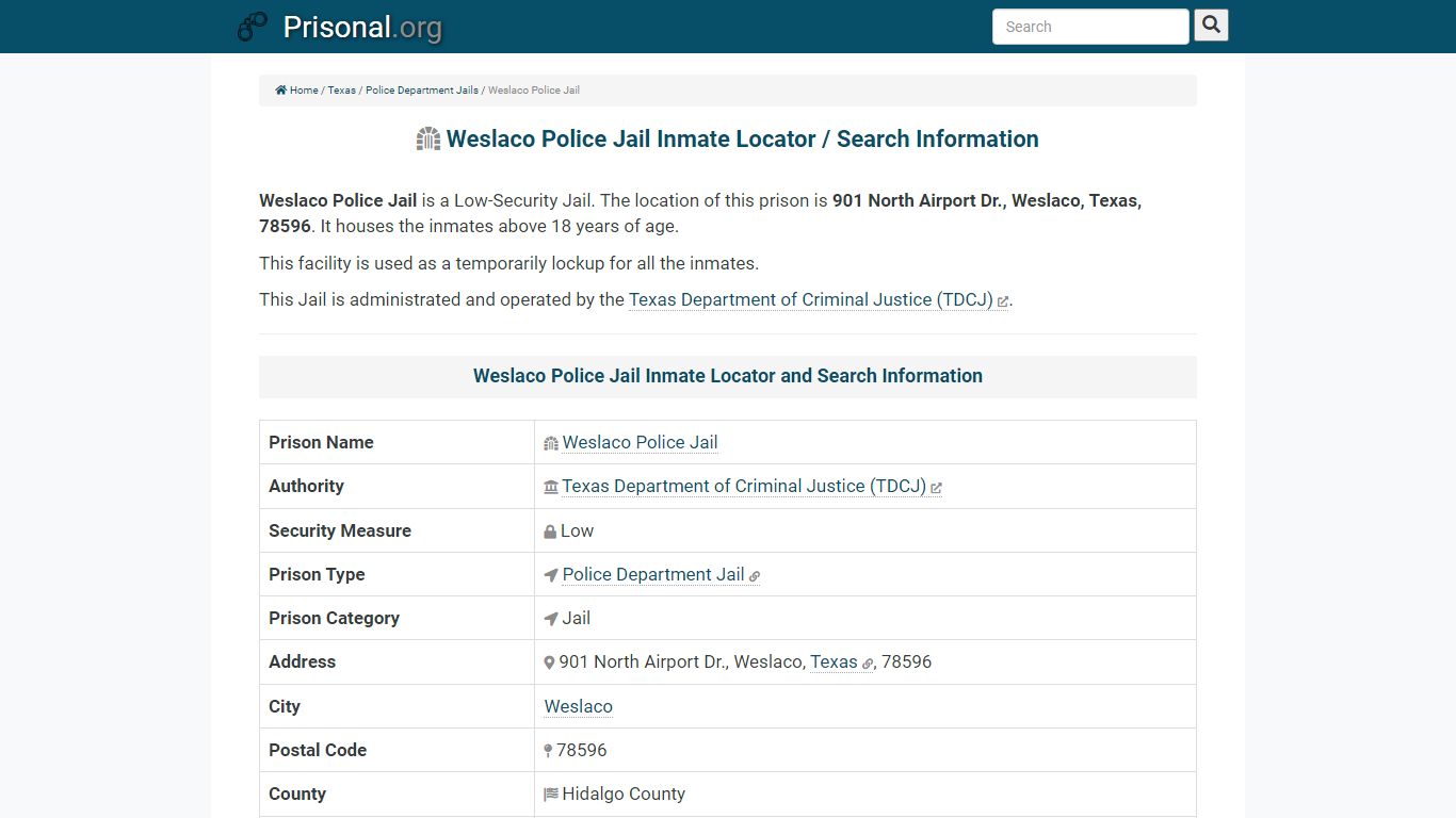 Weslaco Police Jail Inmate Locator / Search Information